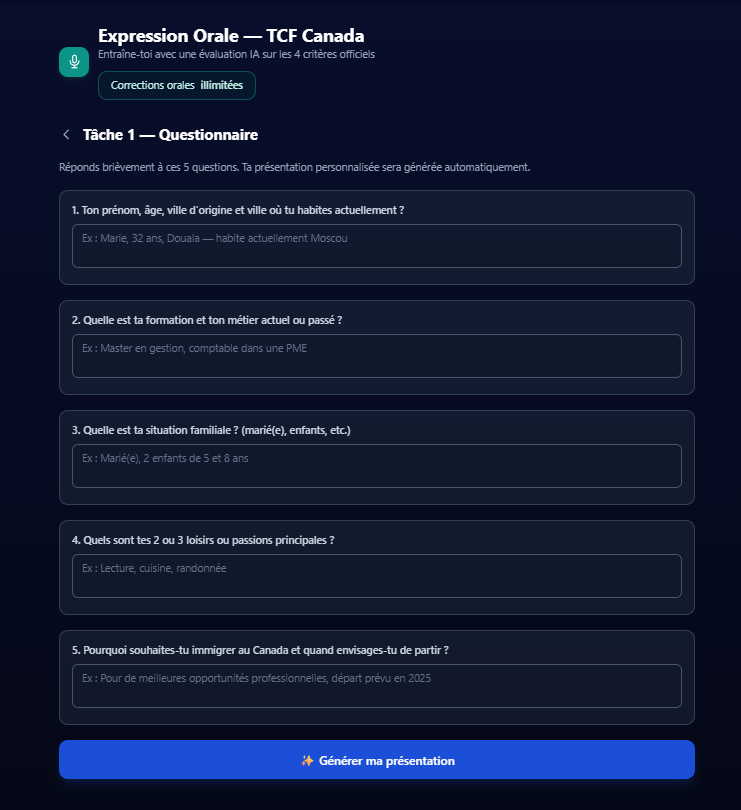 Questionnaire Tâche 1 Expression Orale